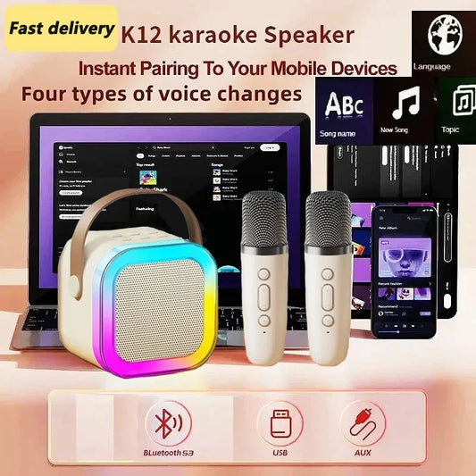 Bluetooth K12 Karaoke Machine Portable 5.3 PA Speaker System with 1-2 Wireless Microphones Home Family Singing Children's Gifts